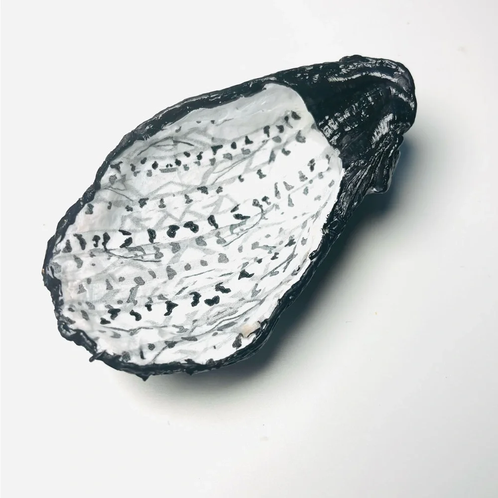 Handmade oyster shell ring dish with snowey berch tree decoupage design